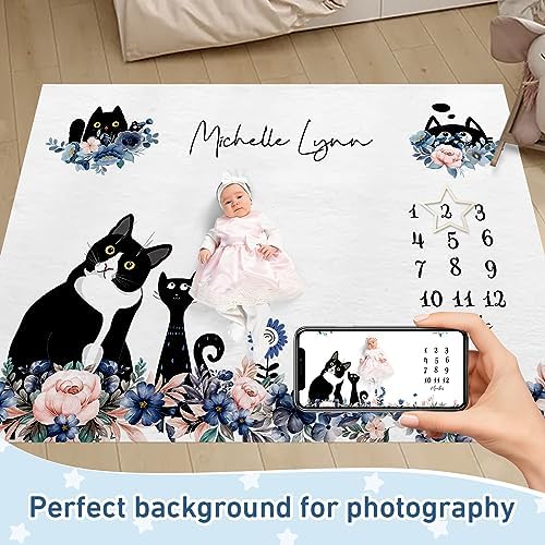 Personalized Baby Milestone Blanket for Boys Girls Baby Month Blanket- First Year Calendar Monthly Growth Chart - Black Cat Halloween Birthday Gifts for Infant Todder - Image 2