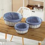 WICKERWISE Traditional White Round Willow Gift Basket with Gingham Liner and Sturdy Handles, Food Snacks Storage Basket, Blue, Foldable Handles Set of 3 - Image 6