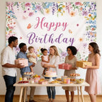Floral Happy Birthday Backdrop Banner Size 10x8 Ft Watercolor Wildflower & Glitter Design Durable Polyester Photo Booth Background for Women's Birthday & Bridal Shower Decorations Supplies - Image 2