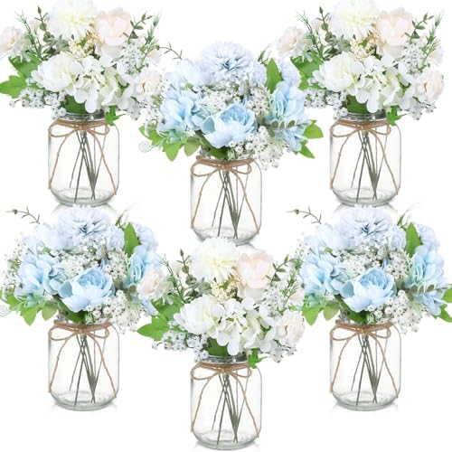 Zeyune 6 Sets Mason Jar Table Centerpiece Artificial Flower, Blue, White by Zeyune