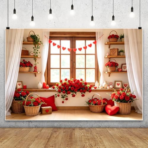 10x5ft Romantic Valentines Day Photography Backdrop Window Scene Red Rose Flower Wicker Basket Heart Garland White Curtain Wooden Shelves Photo Background for Couple Portrait Photo Booth - Image 3
