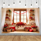 12x10ft Romantic Valentines Day Photography Backdrop Window Scene Red Rose Flower Wicker Basket Heart Garland White Curtain Wooden Shelves Photo Background for Couple Portrait Photo Booth - Image 3