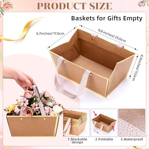 Tuanse 30 Pcs Basket for Gift Empty DIY Bulk Gift Basket Kit with Handle Kraft Cardboard Tray with 30 Bag 30 Bow Market Tray for Wedding Party(Brown Gold,9.8 x 6.7 x 4.3 in) - Image 2