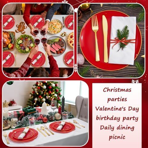 KIRE 350 PCS Red and Gold Plastic Plates - Plastic Dinnerware for Christmas - Image 6