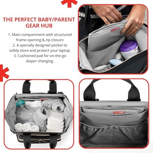 Skip Hop Diaper Bag Backpack: Mainframe Large Capacity Wide Open Structure with Changing Pad & Stroller Attachement, Black with Gold Trim, 14.25x6.25x14.75 Inch (Pack of 3) - Image 4