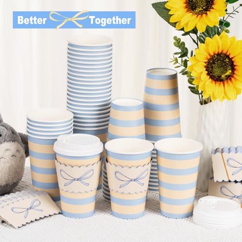 50 Pack 16oz Blue Bow Disposable Coffee Cups with Lids & Sleeves – Premium Paper for Mother's Day,Baby Shower,Birthday,Wedding,Brunch, Cafés,Party Supplies - Image 3