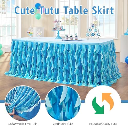 leegleri 108in Tulle Ruffle Curly Willow Table Skirt for 4/6/8FT Tables, Under The Sea Ocean Blue Baby Shark Themed Tutu Table Skirt for Baby Shower, Birthday Party - Image 3