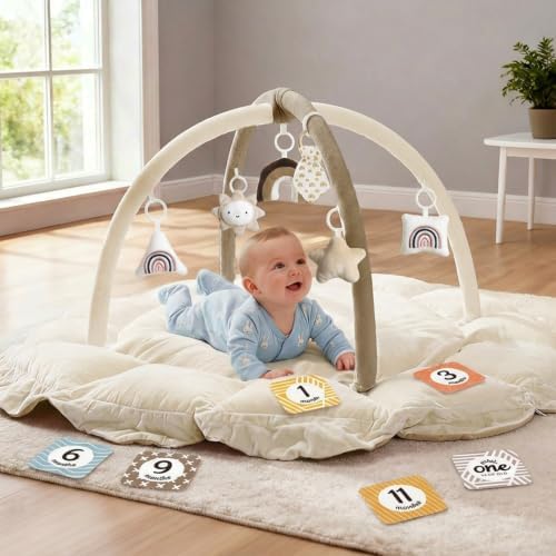 Mallify 5-in-1 Thick & Plush Baby Play Gym, Baby Play Mats for Floor, Tummy Time Mat with 6 Toys, Convertible Stage-Based Developmental from Babies to Toddlers, Ball Pit, Brown by MF