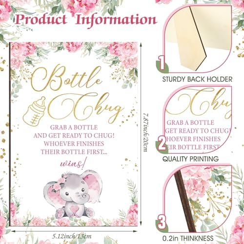 Trelaco 12 Pcs Pink Baby Shower Games Elephant Bottle Chug Wooden Sign Set - Image 4