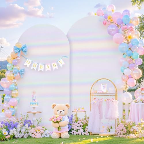 Rainbow White Arch Covers 7.2 and 6ft Sequin Sparkly Birthday Party Arch Backdrop Covers Set of 2 Spandex Shimmer Balloon Arch Stand Cover for Wedding Bridal Shower Baby Shower Photo Arches Background - Image 2