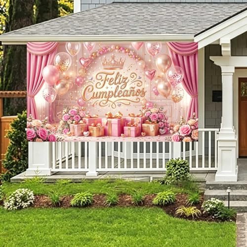 Feliz Cumpleaños Backdrop Pink Gold Balloon Crown Rose Gift Curtain Photo Background Banner for Women Girls Birthday Party Photoshoot 12X10ft - Image 7