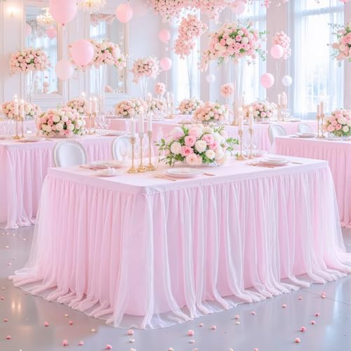 2 Pack Pink Table Cloth for 6 Foot Rectangle Tables, Pink Stretch Fitted Tulle Table Covers Skirt, Rectangular Ruffle Tutu Tablecloth Wedding Banquet Baby Shower Cake Tablecloths Decorations - Image 4