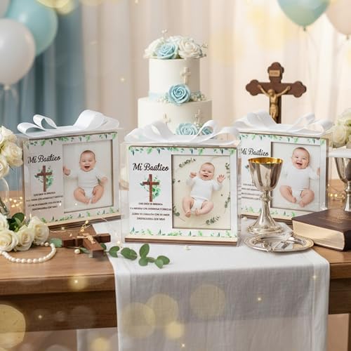 CJiangpo Spanish Baptism Picture Frame - 12 Set Catholic Mi Bautizo Gifts for Baby, Baby Shower Favor Cross Wood Photo Frame with Bows and Clear Plastic Boxes Religious First Communion keepsake - Image 4