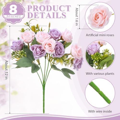 Zeyune 8 Pack 12 Inch Artificial Rose Bouquet, Purple and Pink - Image 2