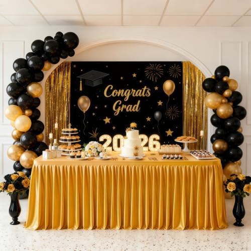 Wish Care Gold Polyester Table Clothes for 8 Foot Rectangle Tables, Wrinkle Free Fitted Table Cover with Pleated Ruffle Table Skirt for Birthday Party Wedding Trade Show Event Display - Image 2