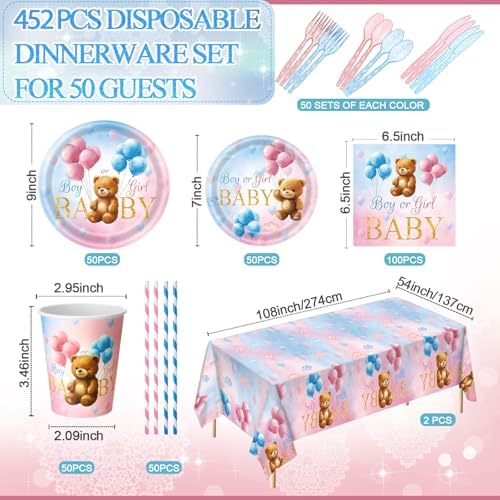 Funnymoom 452 Pcs Bear Themed Gender Reveal Party Decorations for 50, Boy or Girl Gender Reveal Paper Plates Napkins Cups Tablecloth Cutlery Straws for Pink Blue Baby Shower Party Supplies - Image 2