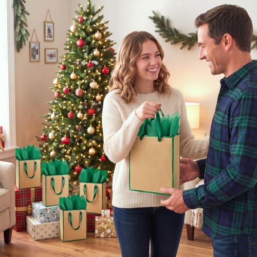 Yeaqee 50 Pack Metallic Paper Gift Bag Bulk with Handle, Kraft, Green - Image 6