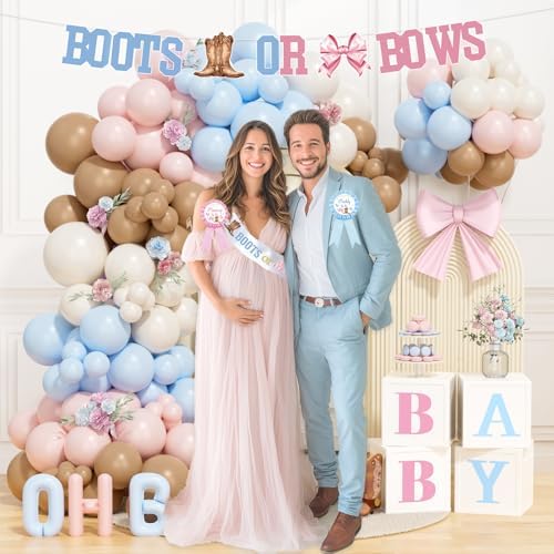 Boots or Bows Gender Reveal Decorations, Girl or Boy Themed Party Balloon Arch Kit Supplies Includes Balloons Banners Sash Badge Backdrop Topper Poster Balloon Boxes Tablecloth Marker 147 PCs - Image 4