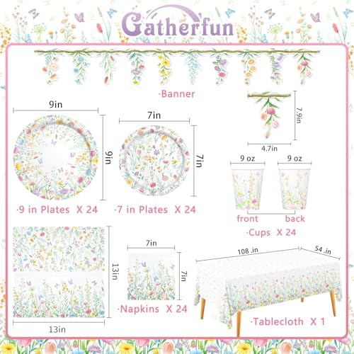 Wildflower Party Decorations Kit Serve 24: Wildflower Set with Paper Plates, Napkins, Cups, Banner & Tablecloth for Flower Birthday & Baby Shower Decorations - Image 2
