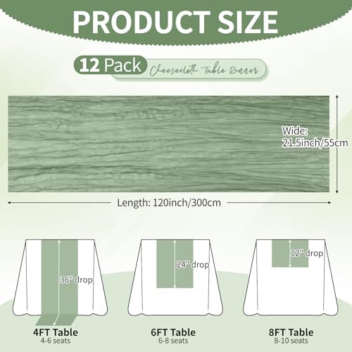 12 Pack Sage Green Cheesecloth Table Runner 10Ft, Gauze Table Runners 21.5 x 120 inch,Semi Sheer Cheese Cloth Fabric Runner Bulk for Wedding,Party,Baby Shower,Bridal Shower - Image 2