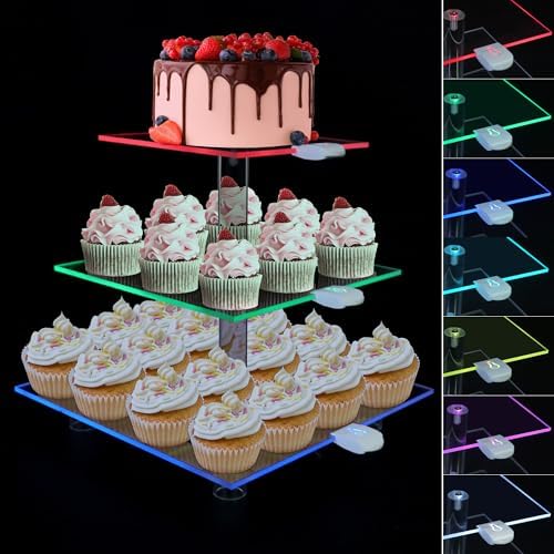 Cupcake Stand for 24 Cupcakes, 3 Tier Cupcake Holder with Rechargeable LED, 7 Colors Light Cupcake Tower, Acrylic Dessert Table Display Set for Weddings, Christmas, Birthday, Parties by Pleasedontforgetthemhere%EF%BC%81