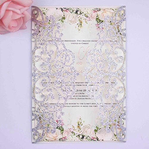 50 pcs 250GSM Silver Glitter Wedding Invitations Cards Laser Cut Pocket Covers only, no envelope,no insert 5x7 - Image 5