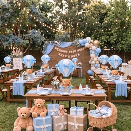 Meooeck 14 Sets Bear Hot Air Balloon Baby Shower Centerpiece, Blue - Image 4