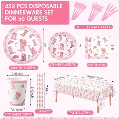 Funnymoom 452 Pcs Pink Cowgirl Boots and Bows Party Decoration for 50, Western Cowgirl Paper Plates Napkins Cups Tablecloth Cutlery Straws for Coquette Baby Shower Birthday Gender Reveal Party Supply - Image 2