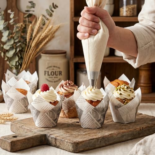 Restaurantware-Panificio 3.5 Ounce Baking Cups, 200 Tulip Cupcake Liners - Oven-Ready, Freezable, Black And White Paper Muffin Cases, Disposable, Newsprint, For Wedding Parties, Baby Showers - Image 5