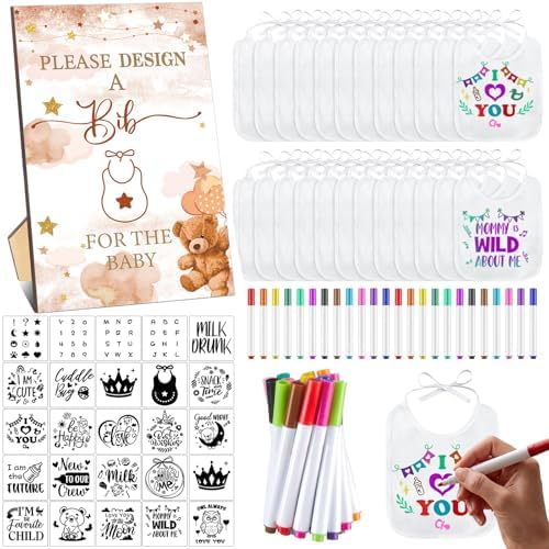 Panitay 100 Pcs DIY Baby Bibs Decorating Kit 50 White Bibs 25 Stencils 24 Markers 1 Baby Shower Game Sign by Panitay