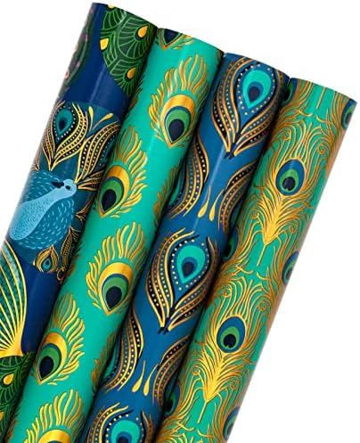 WRAPAHOLIC 30 Inch Peacock Christmas Wrapping Paper Roll - Jumbo Roll Green Peacock Elements Patterns with Metallic Foil Shine - 4 Rolls - 30 Inch x 120 Inch Per Roll by WRAPAHOLIC