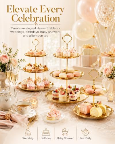 3 Tier Gold Cupcake Stand 3 Pack, Stainless Steel Tiered Dessert Stand 3 Layer Cupcake Display Tower with 2 Tier Cake Stand for Wedding Birthday Party Baby Shower - Image 3