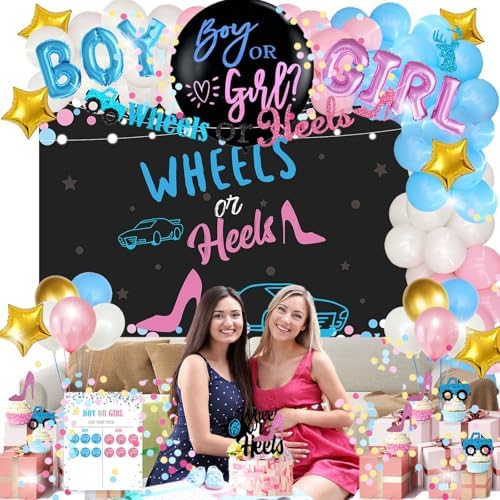 Hombae Wheels or Heels Gender Reveal Decorations, 169 PCs Boy or Girl Gender Reveal Decorations Backdrop Balloon Garland Banner Tablecloth Cake Cupcake Topper Box Cutout Poster Sash Pink Blue - Image 7
