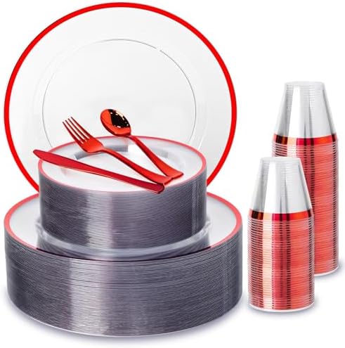 N9R 600PCS Clear & Red Plastic Plates, Disposable Dinnerware Set Heavy Duty by N9RTABLEWARE
