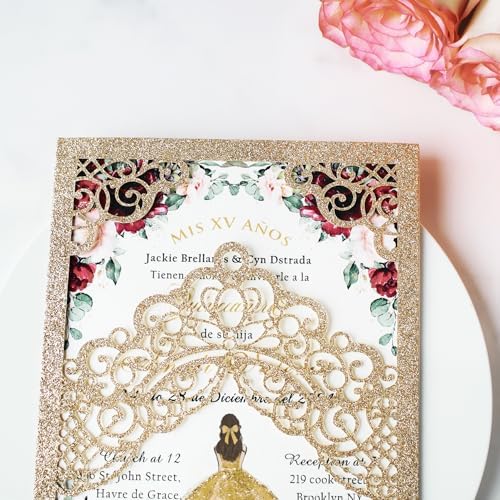 Hosmsua 50PCS Personalized Gold Glitter Quinceanera Invitations Kit, 5.1x7.3 Inch Laser Cut Floral Crown Pocket Quinceanera Invitation Cards with Envelopes for Birthday Quince Anos Invite - Image 5