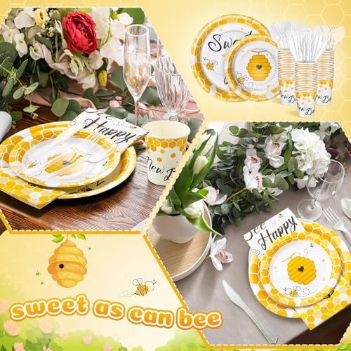 FillTouch 350 Pcs Bee Party Tableware for 50 Guests Baby Shower Bee Paper Plates Disposable Napkins Cups Plastic Knives Fork Spoon for Birthday Wedding - Image 6