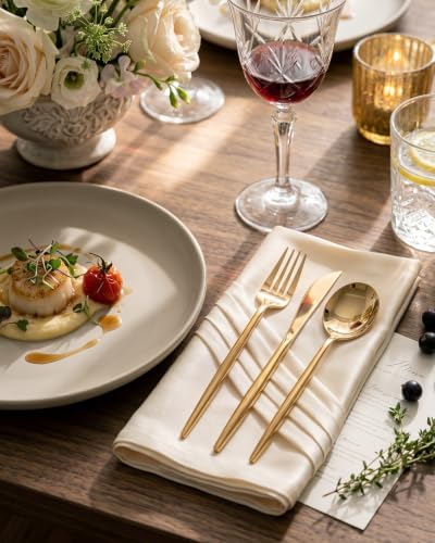 PULOTE 150PCS Gold Plastic Silverware Disposable - Heavy Duty Gold Plastic Cutlery - Gold Plastic Utensils Set Include 50 Knives,50 Forks,50 Spoons for Party&Wedding - Image 5