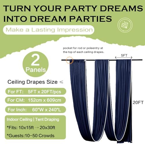 2 Panels 5ft(W) x 20ft(L) Navy Blue Ceiling Drapes for Wedding Parties - Image 6