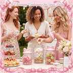 Potchen 3 Set Pink Bow Candy Glass Jars with Ceramic Lid Pink Mason Jars 44oz 34oz 22oz Cute Clear Gridding Cookie Storage Canister for Summer Party Baby Shower Tea Snacks Sugar - Image 2