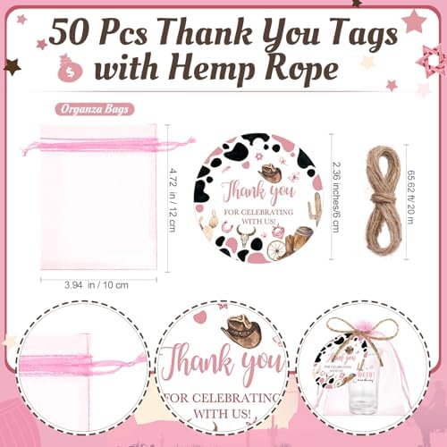 Funnymoom 50 Sets Cowgirl Baby Shower Favors for Guests Souvenir A Little Cowgirl is On The Way Acrylic Clear Shot Glasses Thank You Tags with Organza Bags for Wild West Rodeo Theme Birthday Party - Image 5