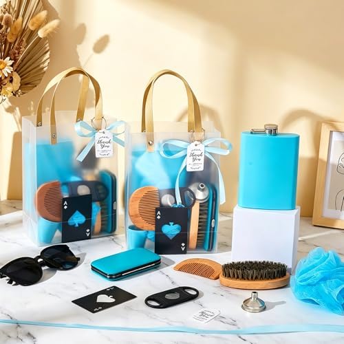 Baby Shower Prizes for Men 6 Set with 8oz Stainless Steel Hip Flask Bottle Opener Manicure Kit Bath Sponge Sunglasses Gift Bag Baby Shower Game Prizes for Winner Bachelor Party (Blue, 6 Sets) - Image 2