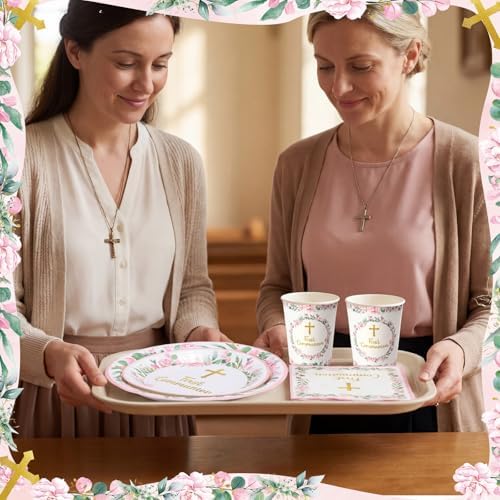 Pickmesh 250 Pcs Pink First Holy Communion Disposable Tableware Set God Bless Baptism Disposable Paper Plates Napkins and Cups for Girls Christening Celebration Baby Shower Religious Supplies Serve 50 - Image 5