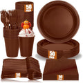 200pcs Brown Plastic Plates Party Supplies, Disposable 9’’ Dinner Plates and Napkins, Cups & Cutlery Dinnerware Set for Birthday, Baby Shower Fall, Thanksgiving Decorations, Serves 50 Guests by UseOnceDoneRight