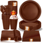 200pcs Brown Plastic Plates Party Supplies, Disposable 9’’ Dinner Plates and Napkins, Cups & Cutlery Dinnerware Set for Birthday, Baby Shower Fall, Thanksgiving Decorations, Serves 50 Guests by UseOnceDoneRight