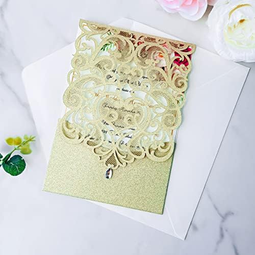 Hosmsua 50PCS Personalized Wedding Invitations Kit 5.12 x 7.3 Laser Cut Hollow Rose Rhinestone Pocket with Envelope for Wedding Quinceanera Invite (Champagne Gold Glitter) - Image 3