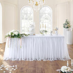 167in White Tulle Table Skirts for Rectangle Tables 6ft 8ft, 2-Layer Gold Grim Ruffle Tulle Tutu Cloth Table Skirt 14ft Long for Wedding Birthday Party Baby Shower Cake Dessert Tables(No Table Cover) by ENJOYYOURPARTY