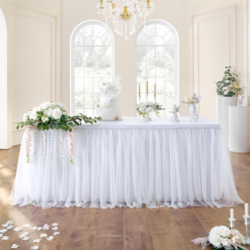 167in White Tulle Table Skirts for Rectangle Tables 6ft 8ft, 2-Layer Gold Grim Ruffle Tulle Tutu Cloth Table Skirt 14ft Long for Wedding Birthday Party Baby Shower Cake Dessert Tables(No Table Cover) by ENJOYYOURPARTY