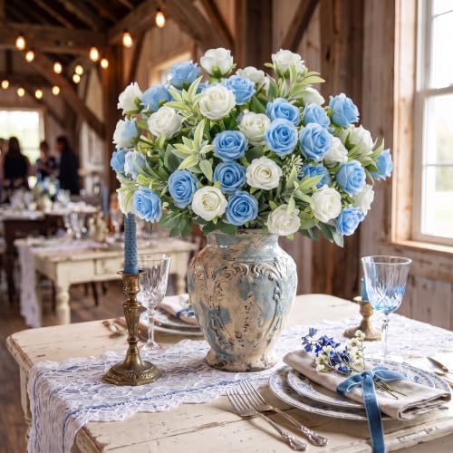 Zeyune 8 Pack 12 Inch Artificial Rose Bouquet, Blue and White by Zeyune