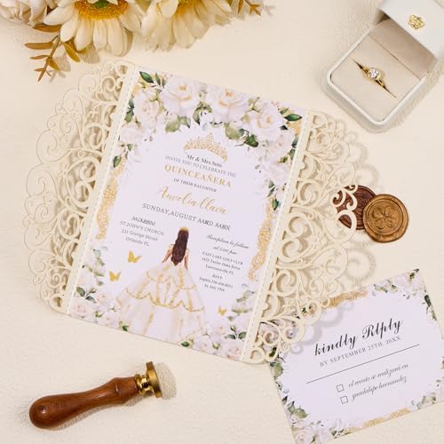 50Pcs Gold Glitter Wedding Invitations With Envelopes and RSVP Cards and Burgundy Ribbon Laser Cut Invitation Kits For Wedding Bridal Shower Quinceanera Invite - Image 2