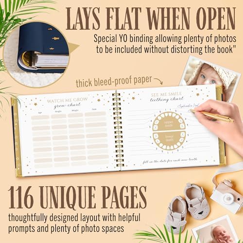 Book Keepsake, Baby Memory Book From Pre-Birth to 5th Year, with 2 Photo Pockets, Milestone Stickers, Hand/Footprint Inkpad, Baby Album and Baby Book for Girls or Boys (Dark Navy) - Image 4